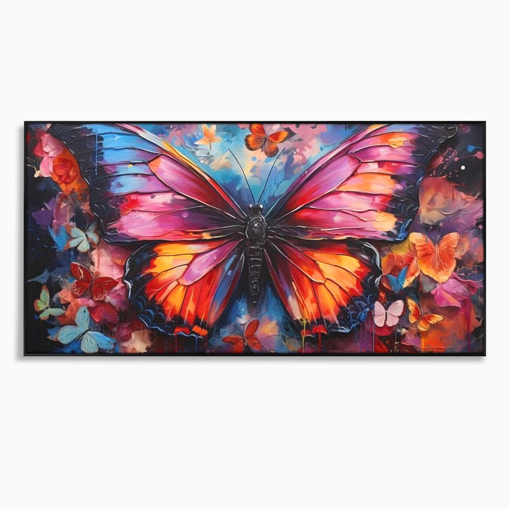 Tablou canvas cu tablou canvas cu fluture central multicolor, in rama de aluminiu negru